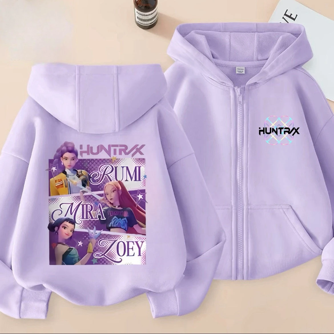 

Аниме Kpop охотники на демонов, толстовка на молнии с принтом персонажей мультфильмов, лавандовая толстовка с капюшоном и длинными рукавами для девочек, детей-подростков