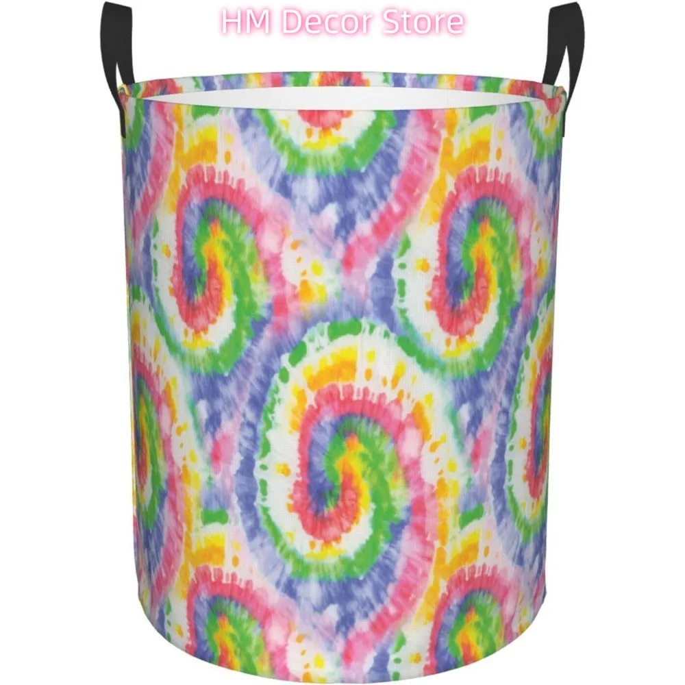 Watercolor Hippie Tie Dye Swirl Laundry Basket with Handle Waterproof Collapsible Cloth Hamper Round Storage Basket for Bathroom