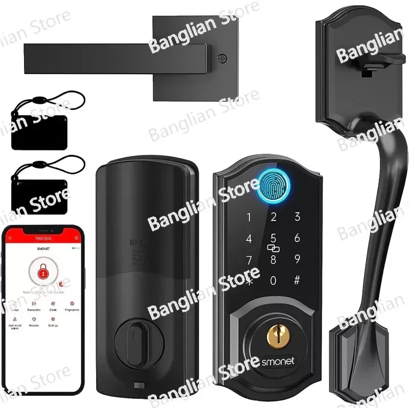 Smart Lock Front Door, Keyless Entry Door Lock with Handle, Smart Front Door Lock Set with Fingerprint Intelligent Locking Pin