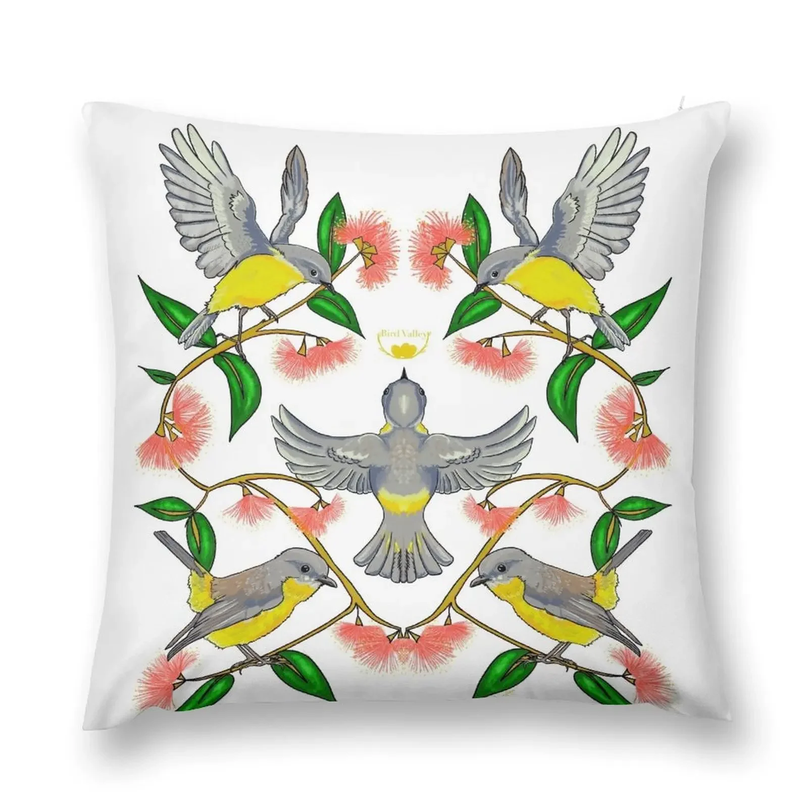 Yellow robins in the Lilly pilly Throw Pillow Cushions Cover pillow