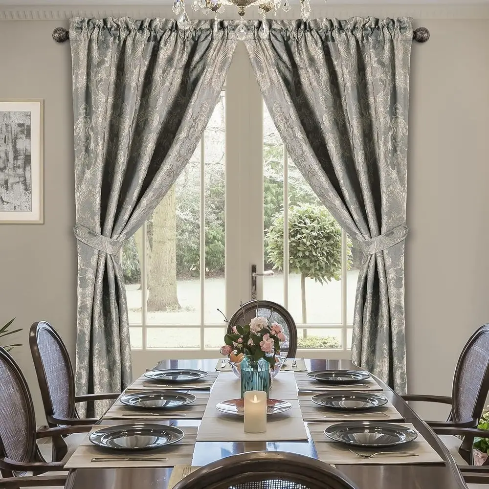 Eleganckie szare zaciemniające zasłony z damasku szenilowego z wiązaniami, z podszewką, do sypialni i salonu (2 panele, 132 x 213 cm)