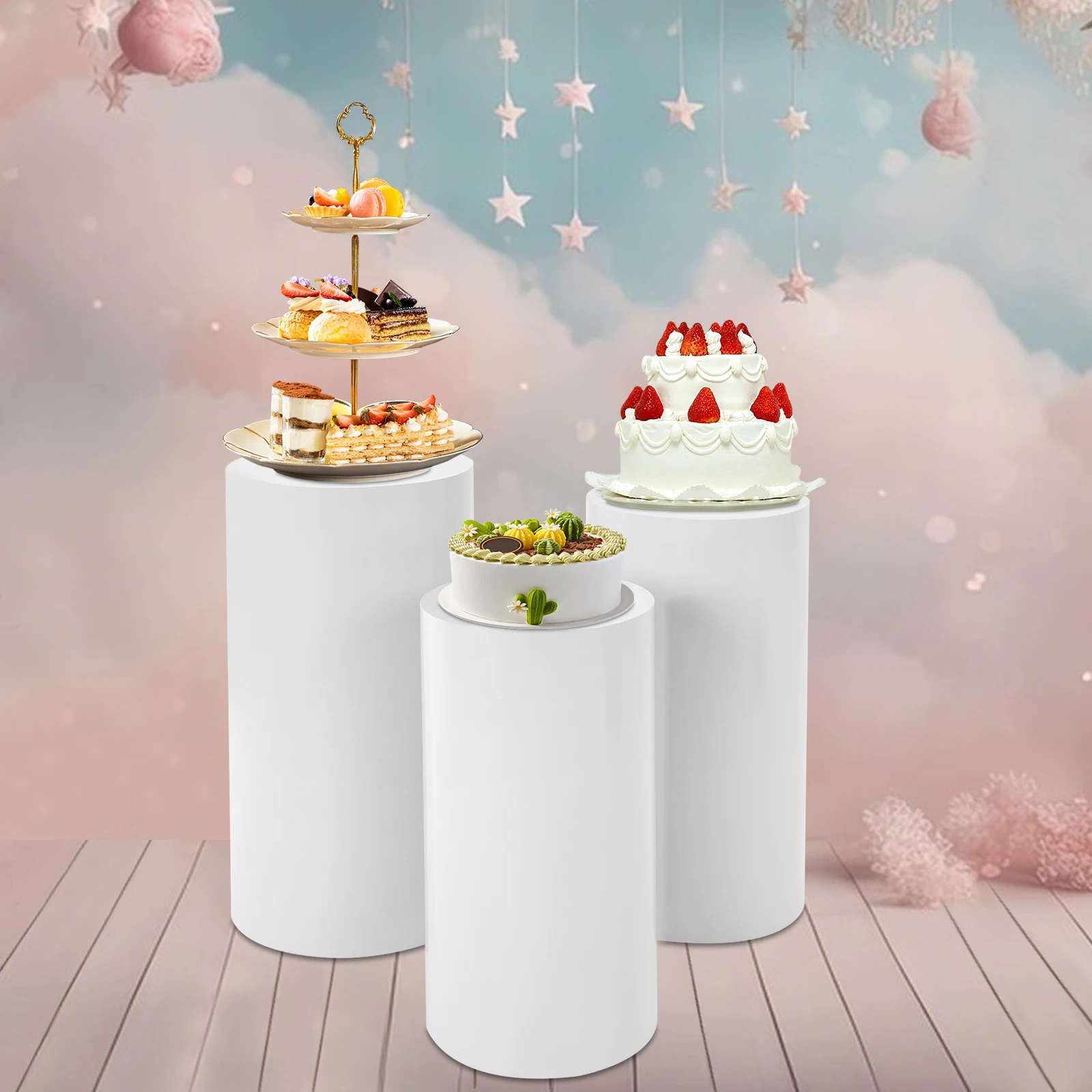 

3Pcs Cylinder White Pedestal Stand White Cake Plinths Backdrop for Party Wedding Decorations Holiday Birthday Decor Event Stand