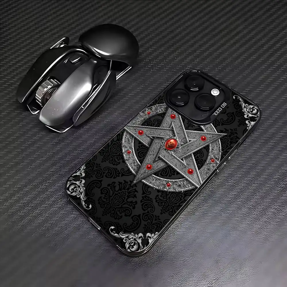 Gothic Satanic Pentagram Phone Case For iPhone17,16,15,14,13,12,11 Plus,Pro Max Colored Silver Plated Inside Cover