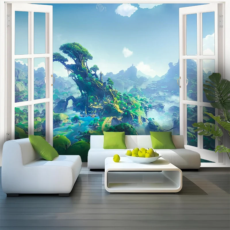 1PC Digital Printed Tapestry Wall Hanging, Window View Floating Tree Island Valley, Fake Window Fantasy Scenery Decor