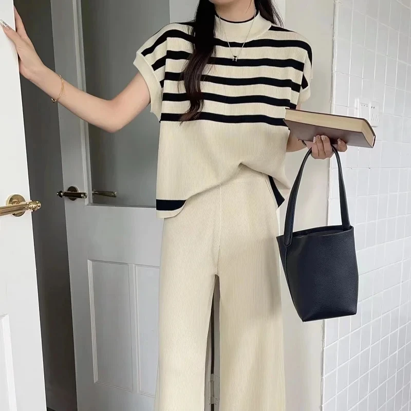 Harajuku Summer High Street Simple High-Grade Fashion Niche Striped Knitted Waistcoat Fashion Casual Slim Wide Leg Pants Women