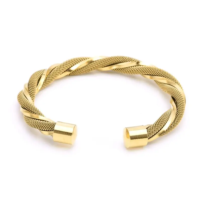 Gold Color Plated Stainless Steel Open Men Women Cuff Bangles Trendy Mesh Surface Charm Sporty Bracelets