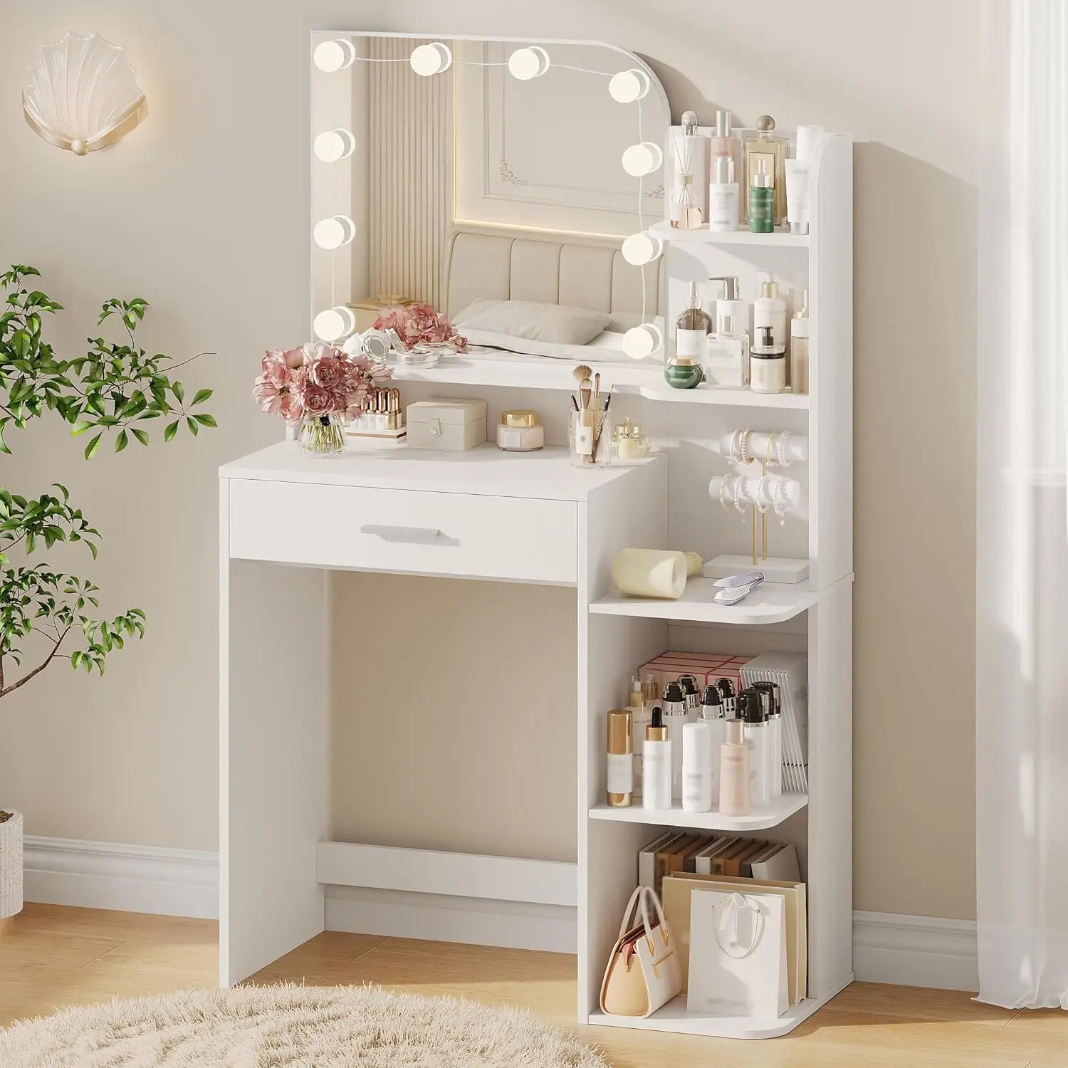 

Makeup Vanity Desk with Mirror and Lights,Girls Vanity Set with 5 Storage Shelves, Big Drawer , Customized