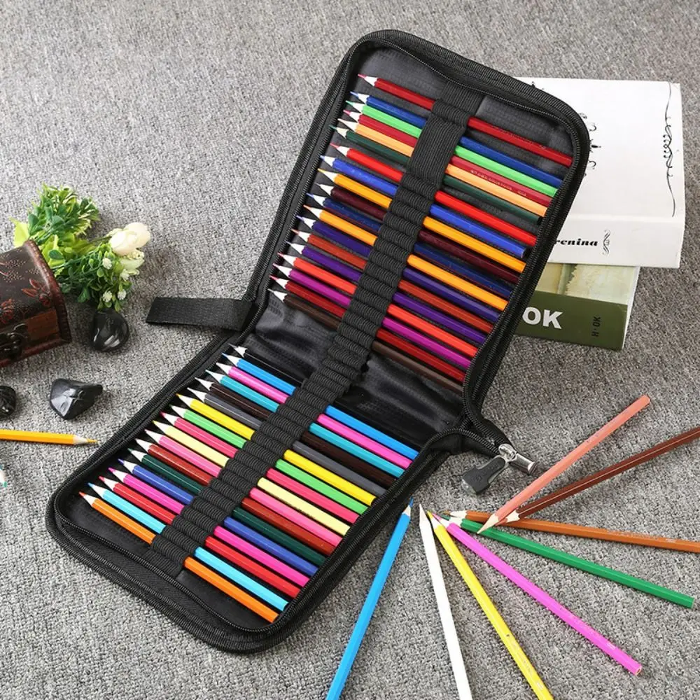 Multifunctional 36/48/72 Holes Pen Curtain Folding Black Oxford Painting Pencil Organizer Canvas Pen Insert Pencil Bag Gift
