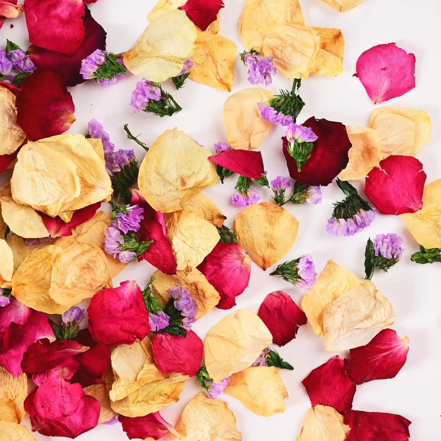 

Real Dried Rose Petals for Wedding Confetti, 2 QT Mixed Red Yellow Roses & Purple Statice with 20 Cups