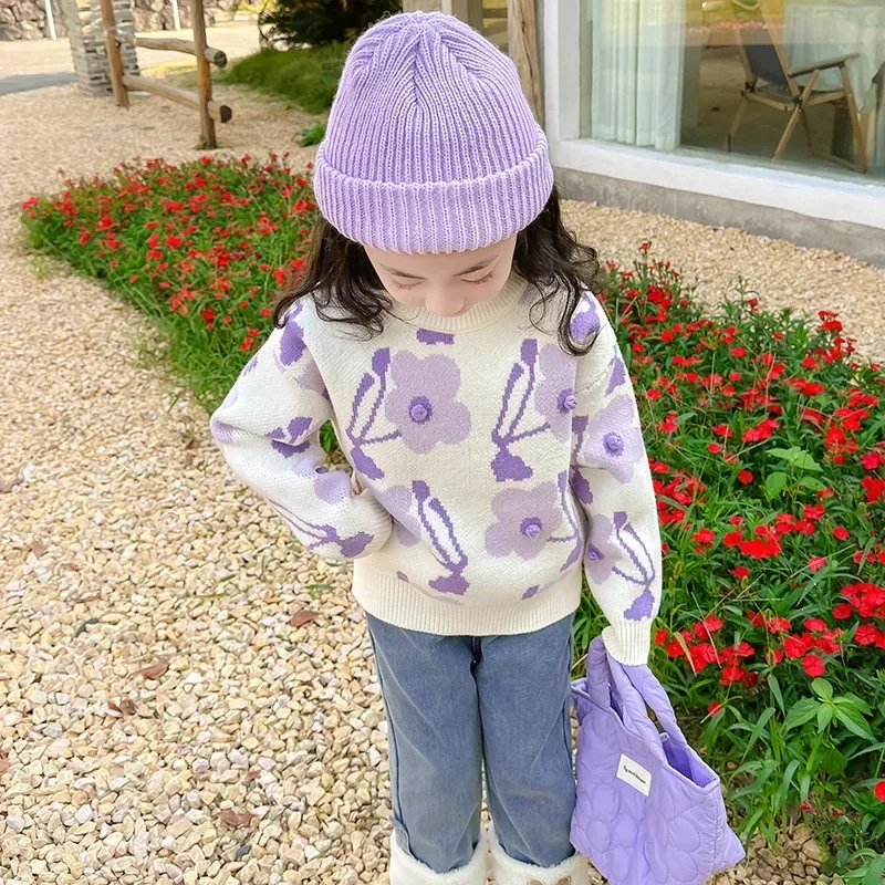 2023 Korean Autumn Winter Junior Girl Sweater Pullover Teenager Girl Flower Knitted Tops Children Girl Warm Knitwears Undershirt