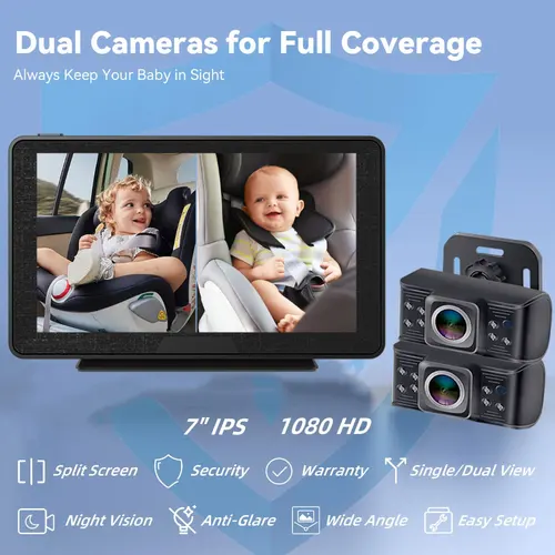Imagen 2 del producto Cámara de coche para bebé, 7 "", 1080P, FHD, espejo doble para coche, cámara giratoria de 360 grados para asiento trasero para 2 niños, visión nocturna clara, fácil configuración
