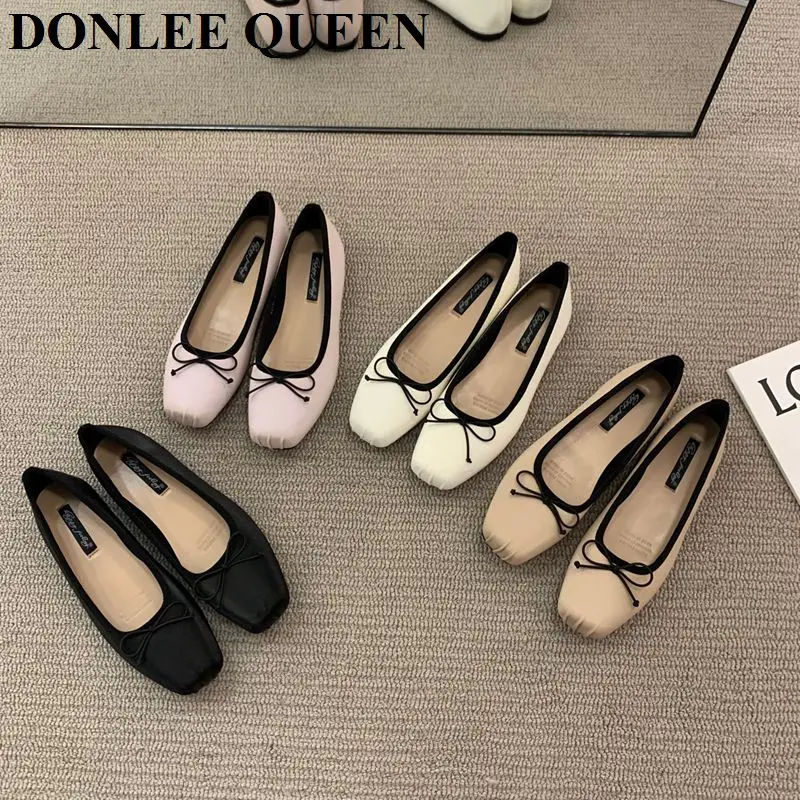 Classic Female Flats Ballerina Shoes Women Fashion Square Toe Pleated Ballet Bow Knot Shallow Moccasin Casual Loafer Sliver Muje