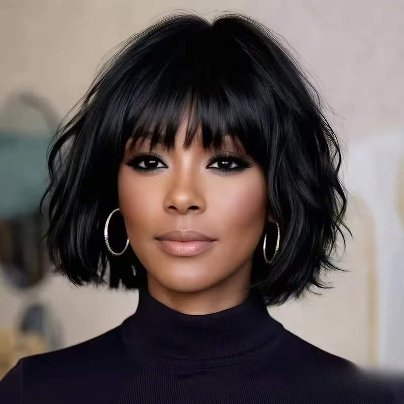 12-inch-matte-black-short-wavy-bob-wig-with-french-air-wispy-bangs-messy-layered-machine-made-full-head-wig-for-women-daily-use
