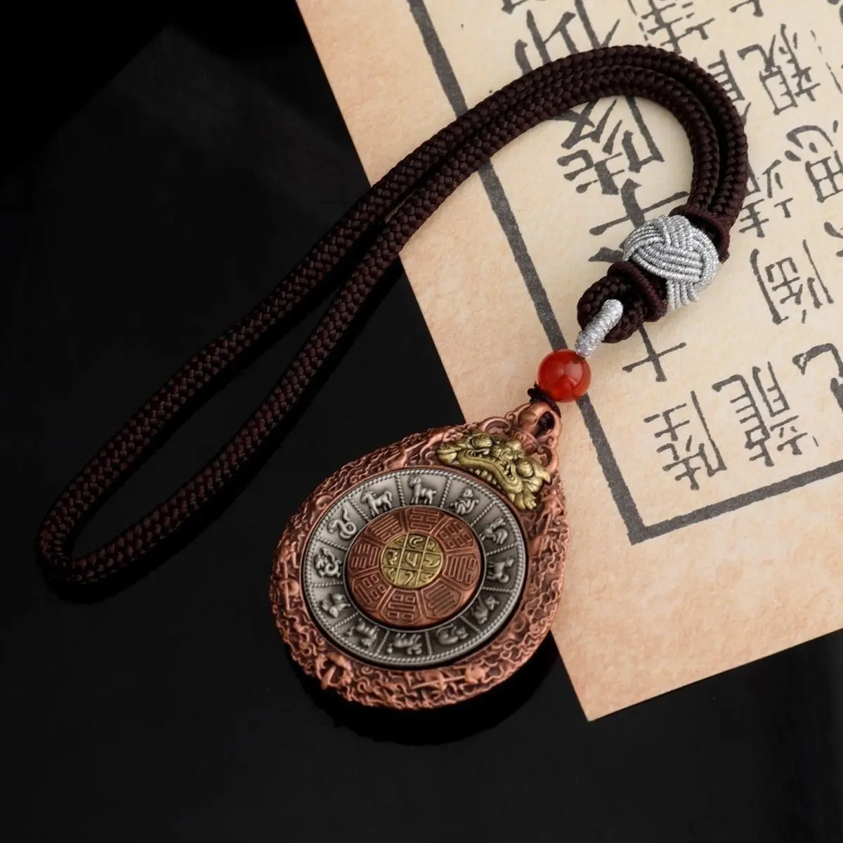 Traditional Chinese Tibetan Style Pure Copper Rotatable Nine Palaces Bagua Pendant Lucky Blessing Fortune Attracting 12 Zodiac