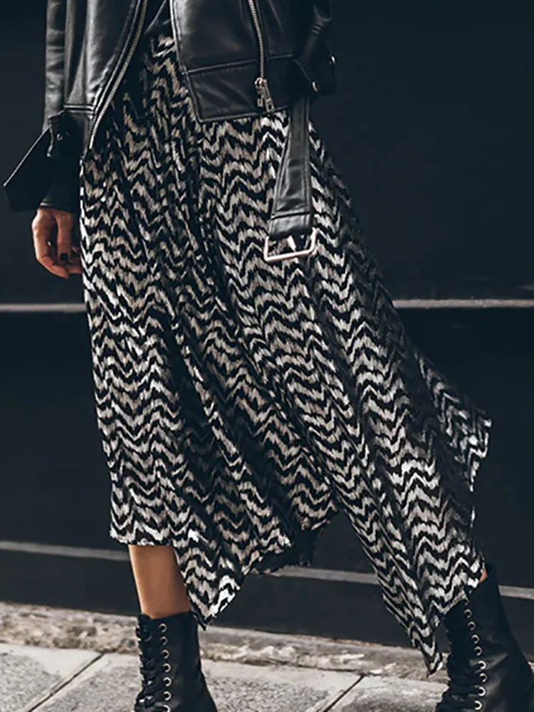 Women Print Patchwork Slit Elastic Waist Skirt Casual Lady Streetwear Vintage Long Skirt Spring Summer Loose Ankle-Length Skirt