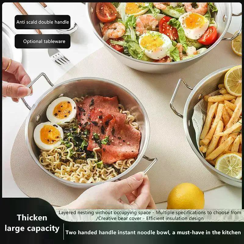 201 Stainless Steel Salad Bowl Melting Boiling Pot Instant Noodle Bowl Korean Rice Wine Bowl With Double-ear Handle Snack Basket