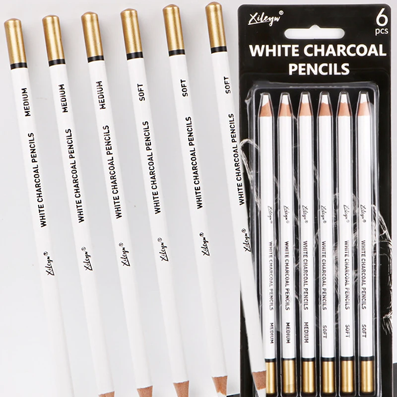 6Pcs White Charcoal Pencil Drawing Set Soft & Medium Sketching Pencil Art Supply