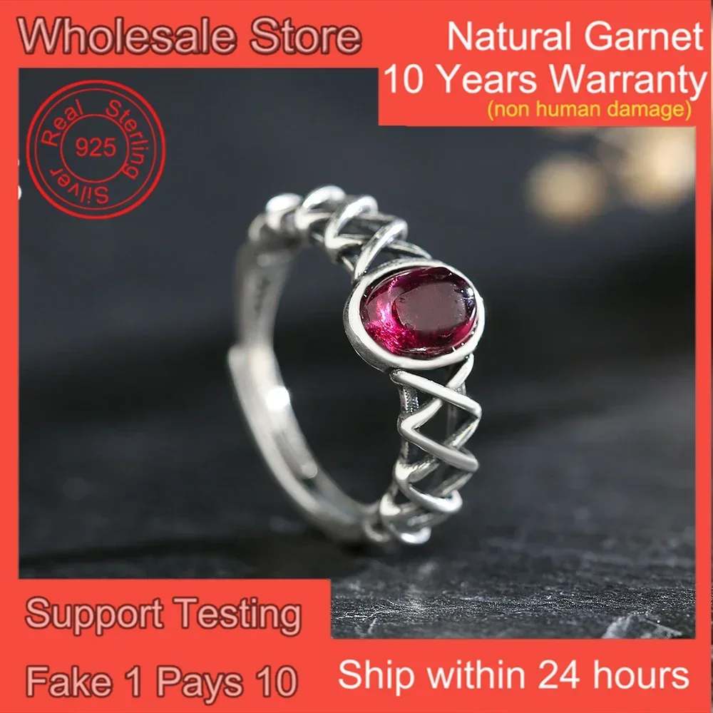 

Natural Garnet Ring Vintage 925 Sterling Silver Adjustable Open Band January Birthstone Jewelry Red Gemstone Boho Gift for Her