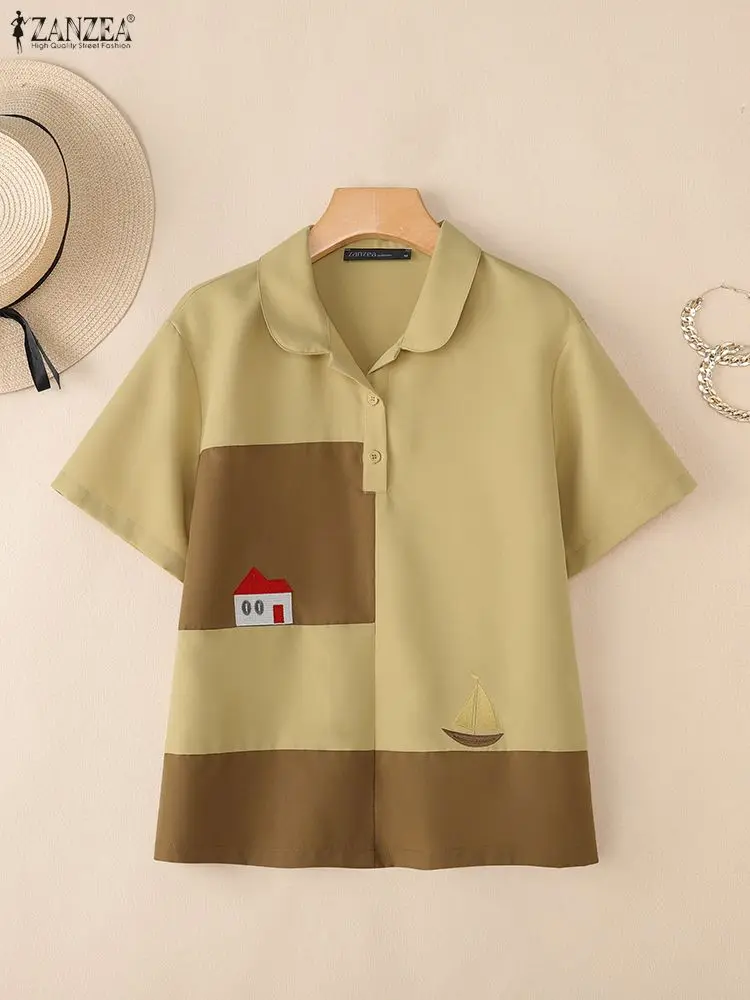 

ZANZEA 2022, летние офисные рубашки, женская блузка с коротким рукавом и лацканами, лоскутные топы, стильная рабочая рубашка, повседневная блузка на пуговицах