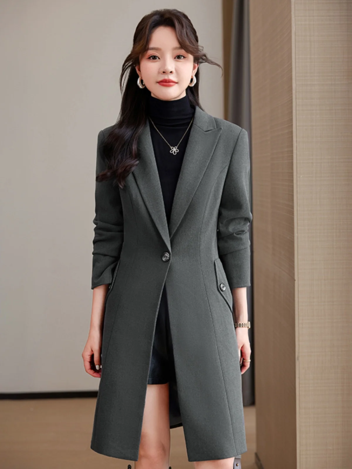 

Шерстяное пальто средней длины для женщин в корейском стиле, приталенное, с длинными рукавами, для персонала ресепшн, ювелирных магазинов, отелей