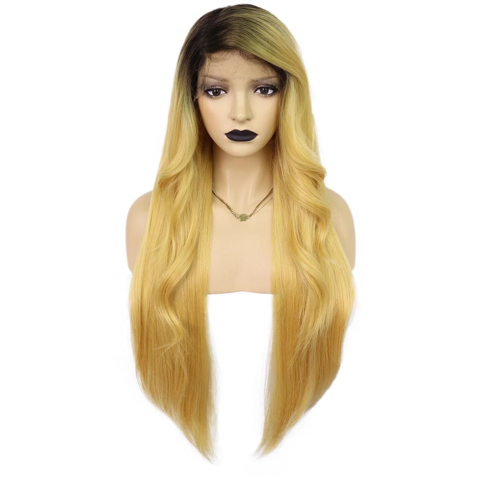 Ombre Honey Blonde Long Body Wave Synthetic Wig For Women Middle Part Dark Roots Heat Resistant Hair Natural Looking Daily Party