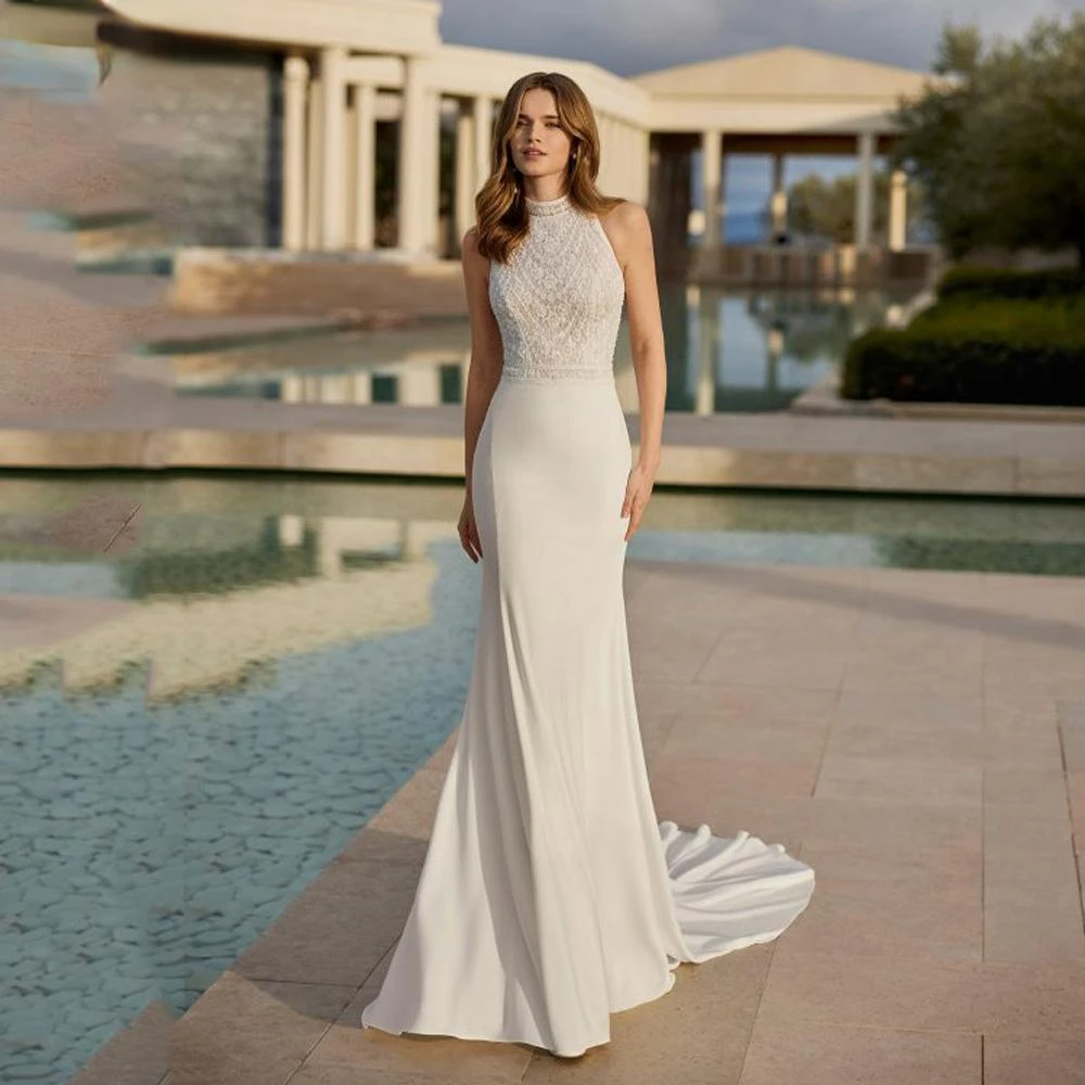 

Sexy Mermaid Wedding Dress For Women 2023 Simple Sheath Sleeveless Trumpet Sweep Train Backless Bridal Gown Vestido De Novia