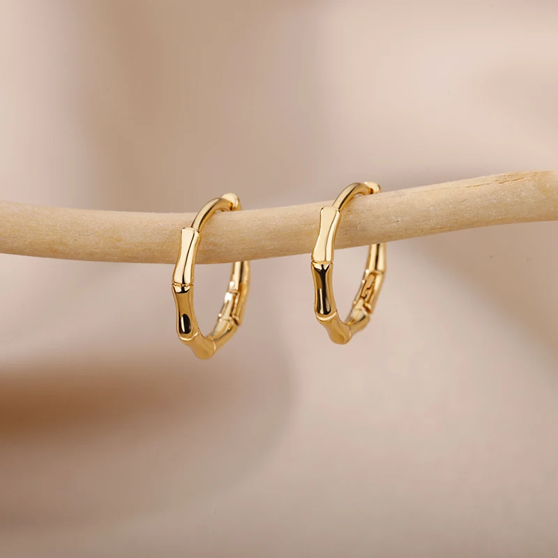 Stainless Steel Bamboo Hoop Earrings For Woman Cute Korean Fashion Geometry Twisted Cross Jewelry Wedding Party Unusual Earring