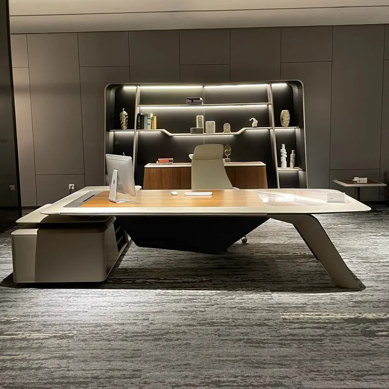 Italian Luxury Modern Modular Boss's Office Desk High-end Saddle Leather CEO's Desk Chairman's Office Technological Bookshelf
