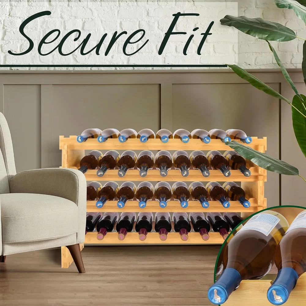 Empilhável Bamboo Wine Rack, 4-Tier, Capacidade de 36 Garrafas, Wine Racks, Free Standing Floor, Sem Montagem de Ferramentas, Armazenamento Modular