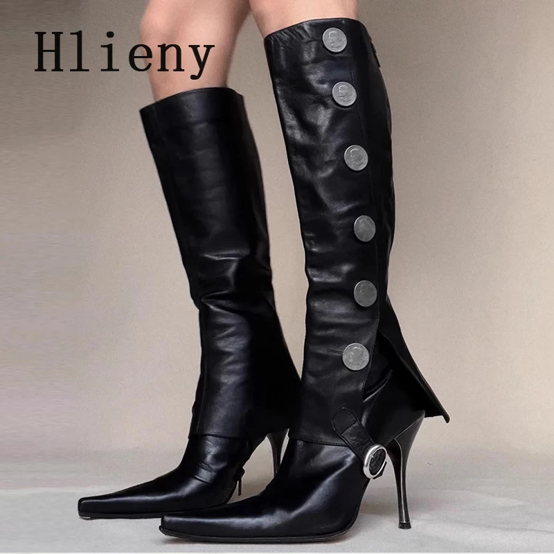 Hlieny Winter New Design Button Combination Splicing Women Knee-High Boots Fashion Pointed Toe Thin Low Heels Female Shoes
