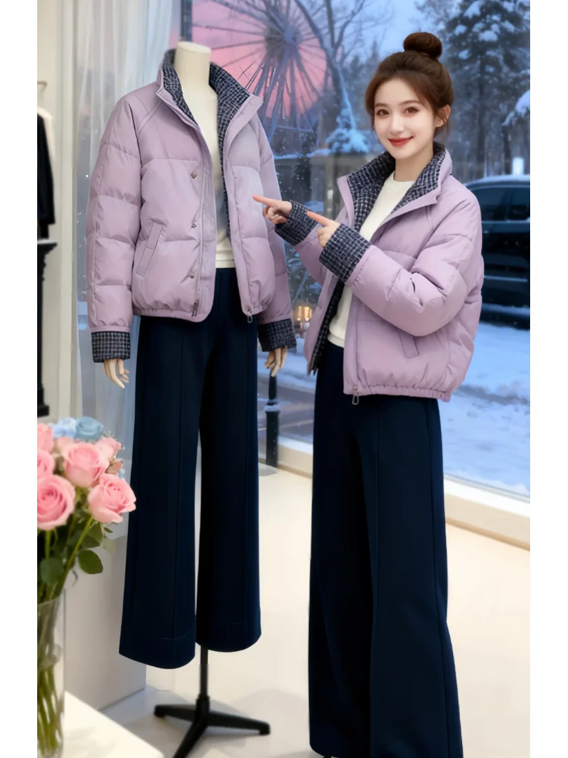 

Ele светло-фиолетовый клетчатый хлопковый джет, женское осенне-зимнее теплое свободное пальто на молнии, корейское Sle