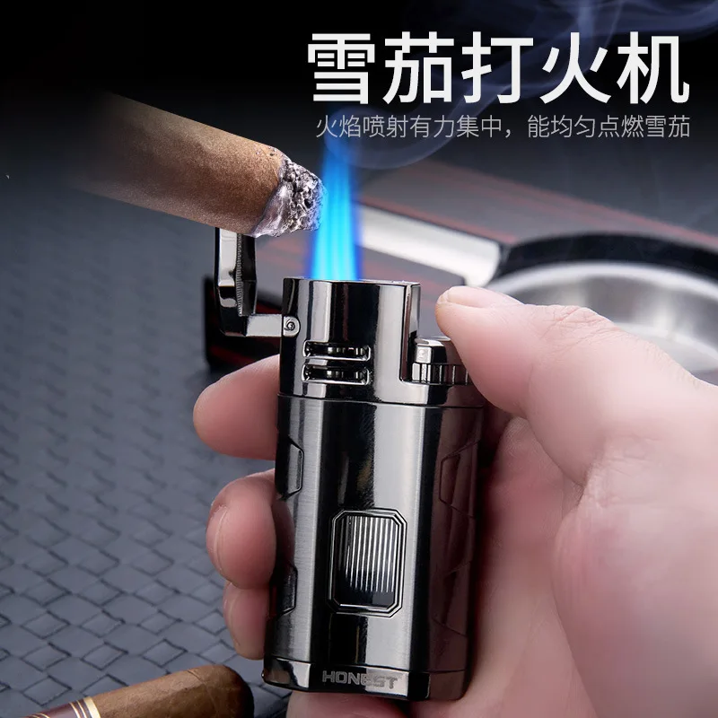 HONEST Metal Multifunctional Outdoor Windproof Butane Gas Lighter Turbo 3 Torch Blue Flame Straight Cigar Lighter Men's Gift