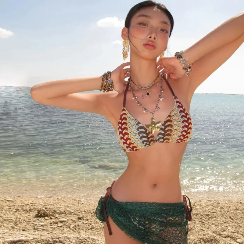 

Bohemian style bikini for women, summer seaside vacation sexy knitted swimsuit two-piece set with drawstring ties for beach swim