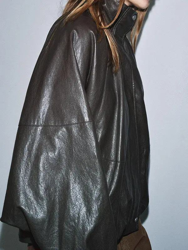 Faionable couro efeito piloto jaet casaco feminino inverno outerwear pele do plutônio longo sve efeito 3d superfície brilhante