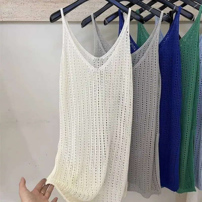 المرأة ثقب فضفاض فستان الصيف سترة تانك أكمام الدانتيل متماسكة محبوك الجنين الكروشيه بلوزة الشاطئ بوهو عادية نقطة فساتين متوسطة الطول