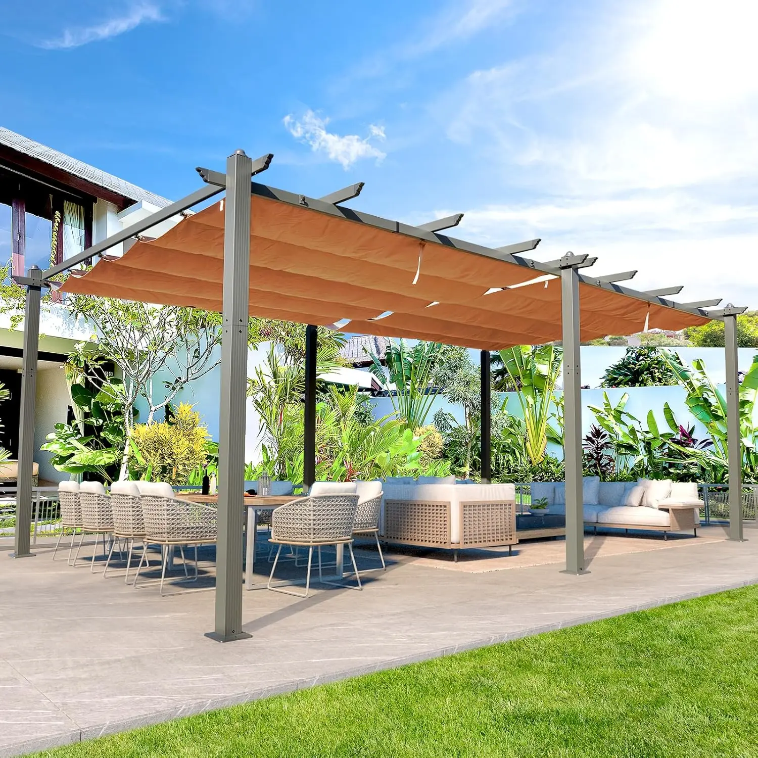 

12x20FT Outdoor Pergola w/Retractable Canopy,Aluminum Frame, Patio Metal Shelter w/Adjustable &Removable Sun Shade Canopy, Beige