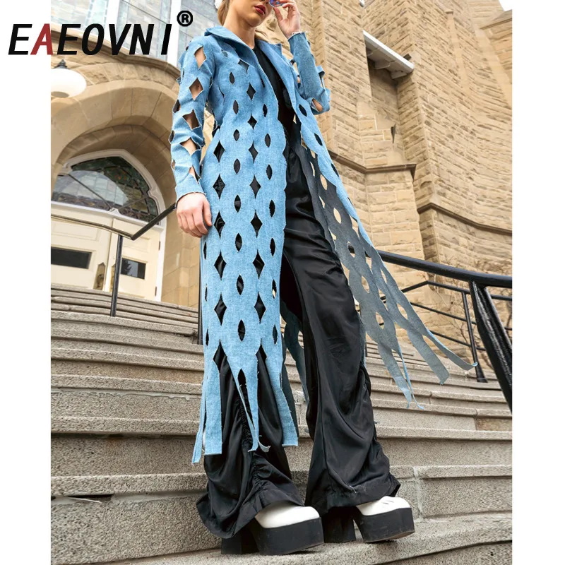 

EAEOVNI Bule джинсовая уличная одежда длинная куртка с вырезом дизайн с кисточками модный плащ 2025 универсальная новая одежда