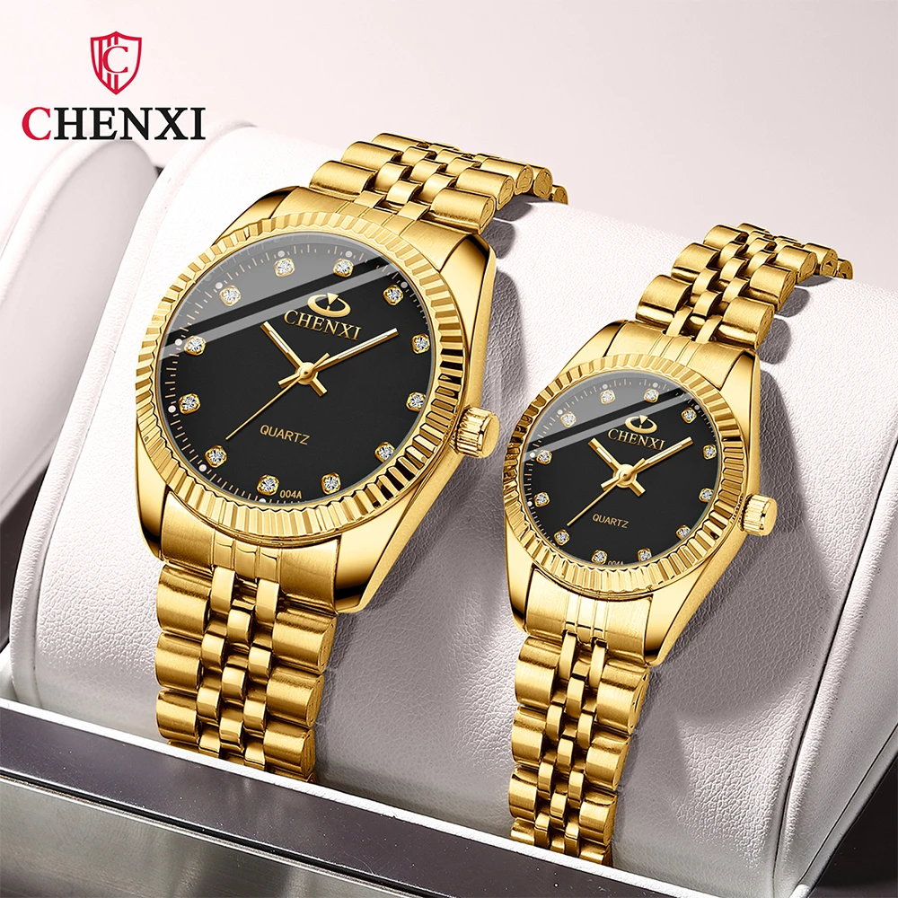 Złote Zegarki na Rękę dla Par CHENXI, Wodoodporne, Świecące, Modne Zegarki dla Par, Pasek ze Stali Nierdzewnej, Zegarki Męskie i Damskie