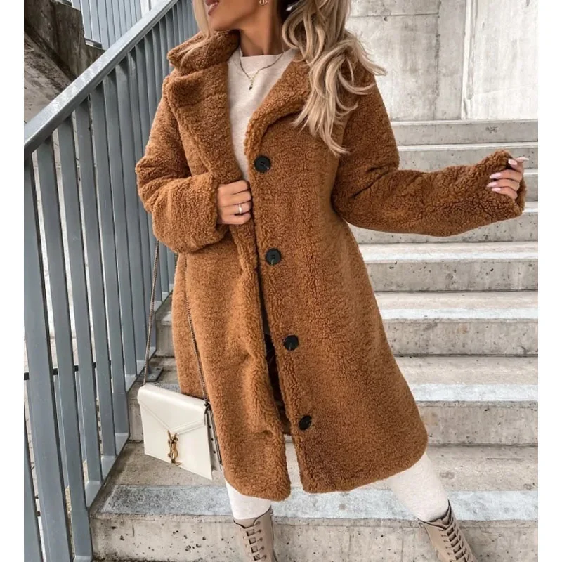 2023 New Autumn and Winter Fashion Simple Polo Collar Panel Long Sleeve Temperament Commuting Plush Women's Mid Length Coat