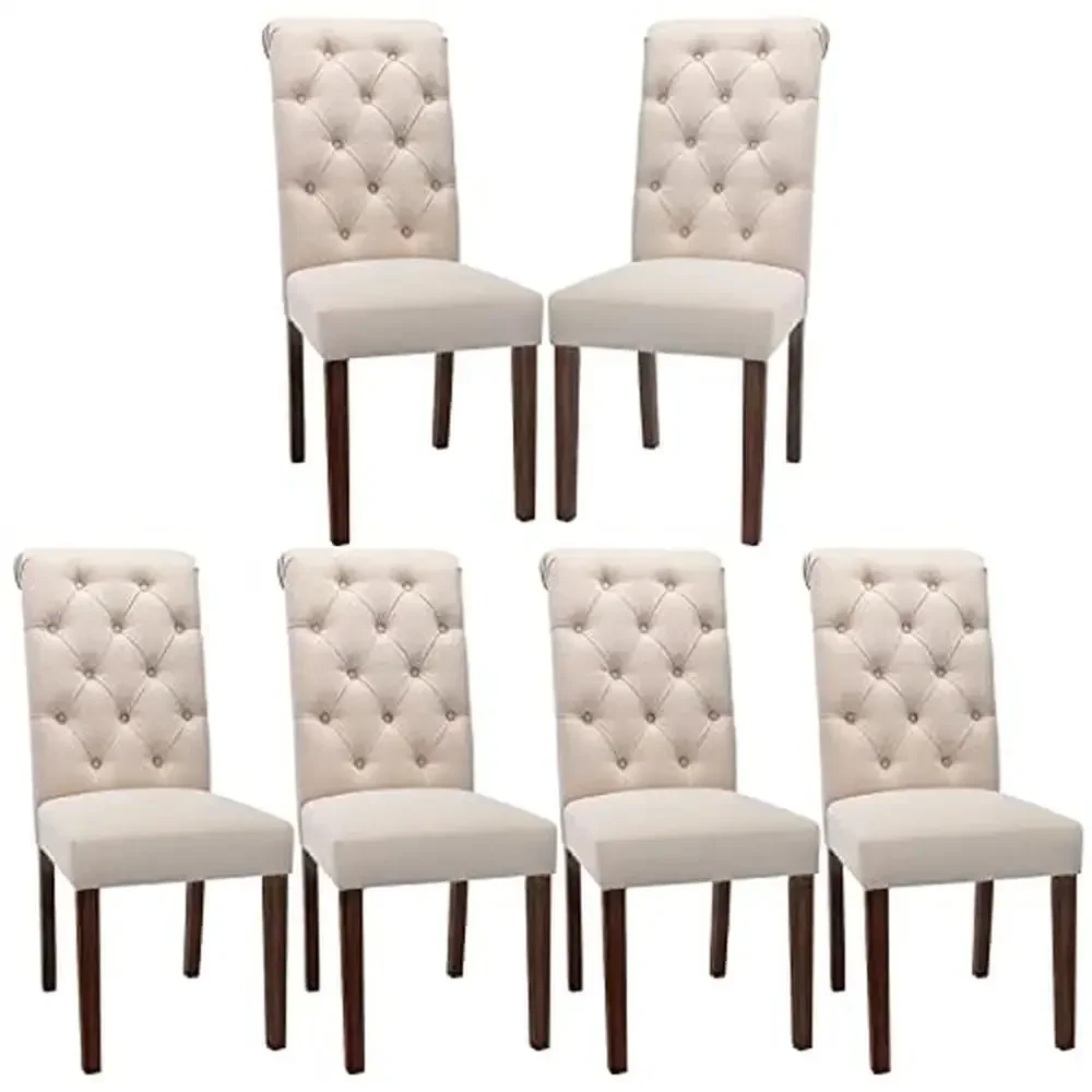 Set of 6 Modern Fabric Dining Chairs Elegant High-Back Tufted Kitchen Room Chairs Sturdy Wooden Legs Memory Foam Cushion Beige