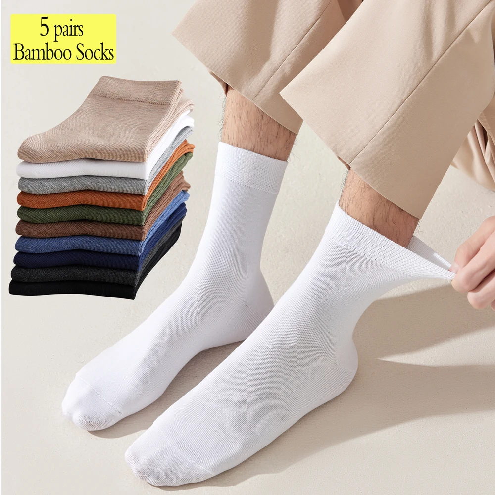 

5 Pairs Rayon from Bamboo Men's Socks Seamless Toe & Moisture-Wicking, Business Casual Mid-Crew for Odor-Free Comfort