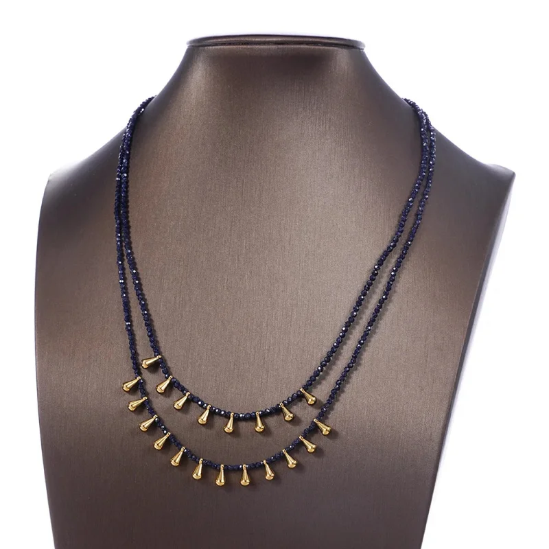 Litheline 24K Gold Plated Brass Double-Layer Black Bead Necklace, Anti-Tarnish Everyday Bold Modern Jewelry view 5