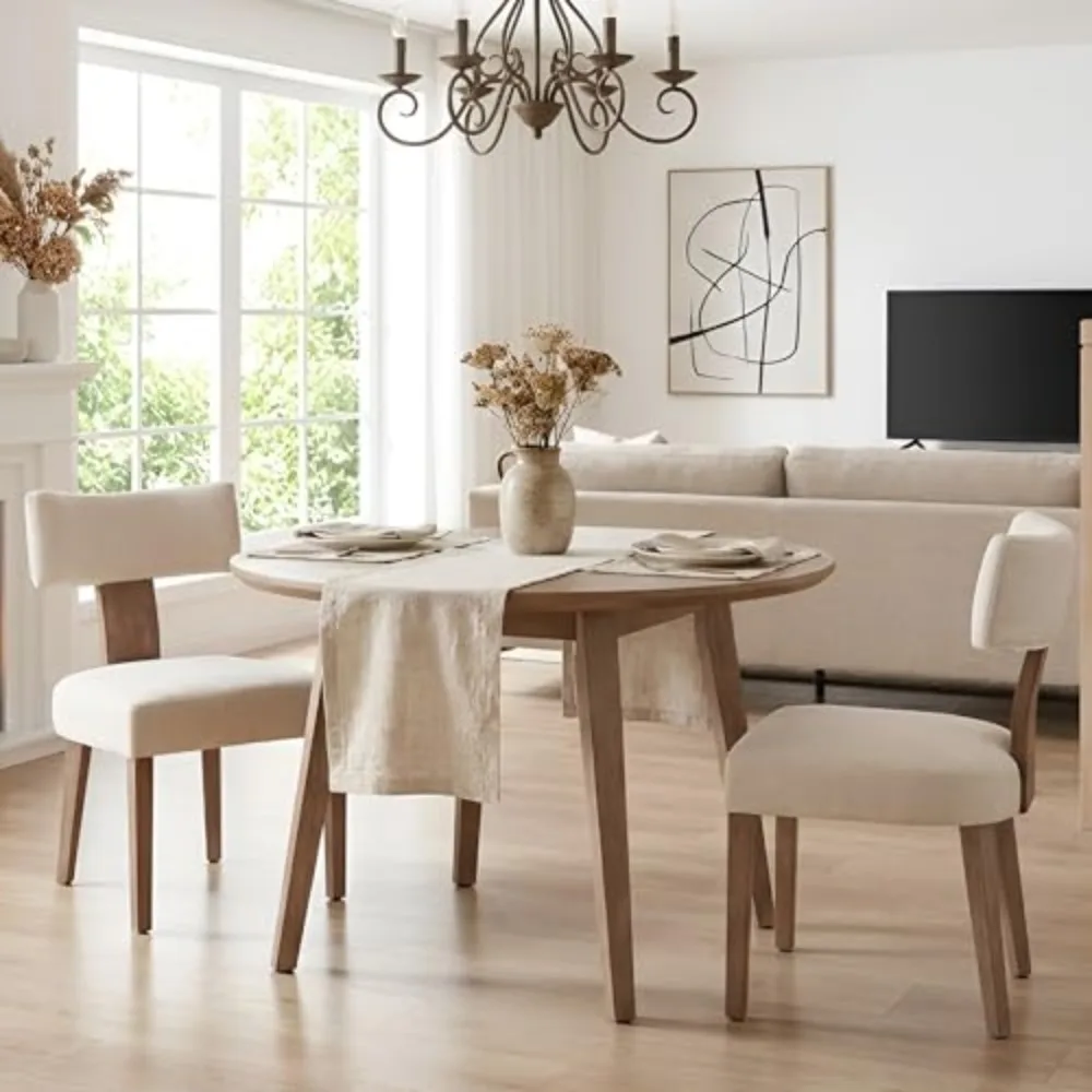 Mid Century Modern Dining Chairs Set of 2, Upholstered Linen Kitchen & Dining Room Chairs with Ergonomic Curved