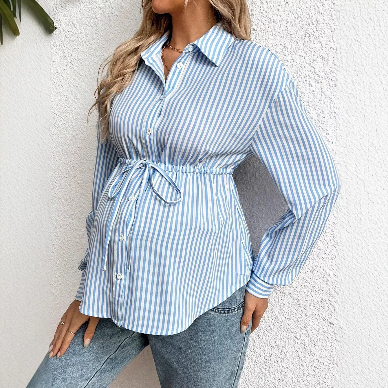 Maternity Clothes Long Sleeve Nursing Blouse Shirts Spring Autumn Casual Pregnant Women Striped Drawstring Pregnancy Clothing