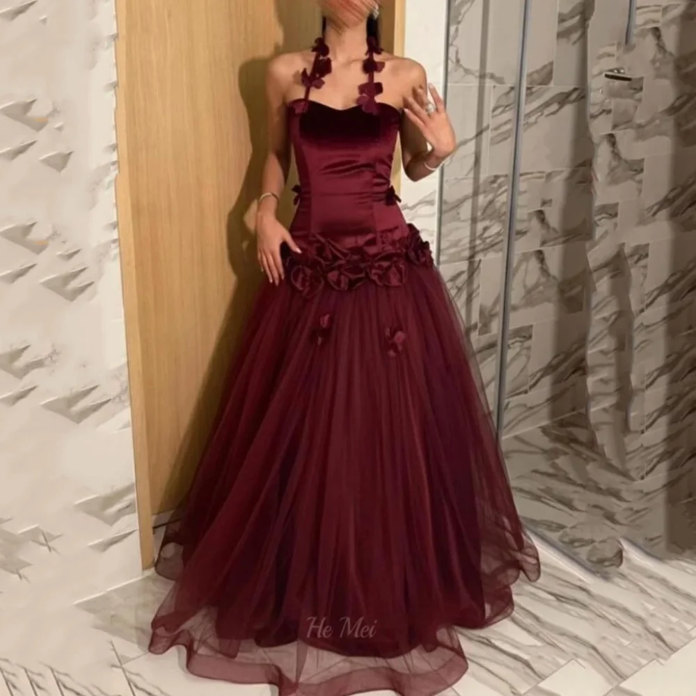 

Customized Prom Dresses Tulle Halter Evening Dress A Line Vintage Applique Party Gown Floor Length Vestido De Novia