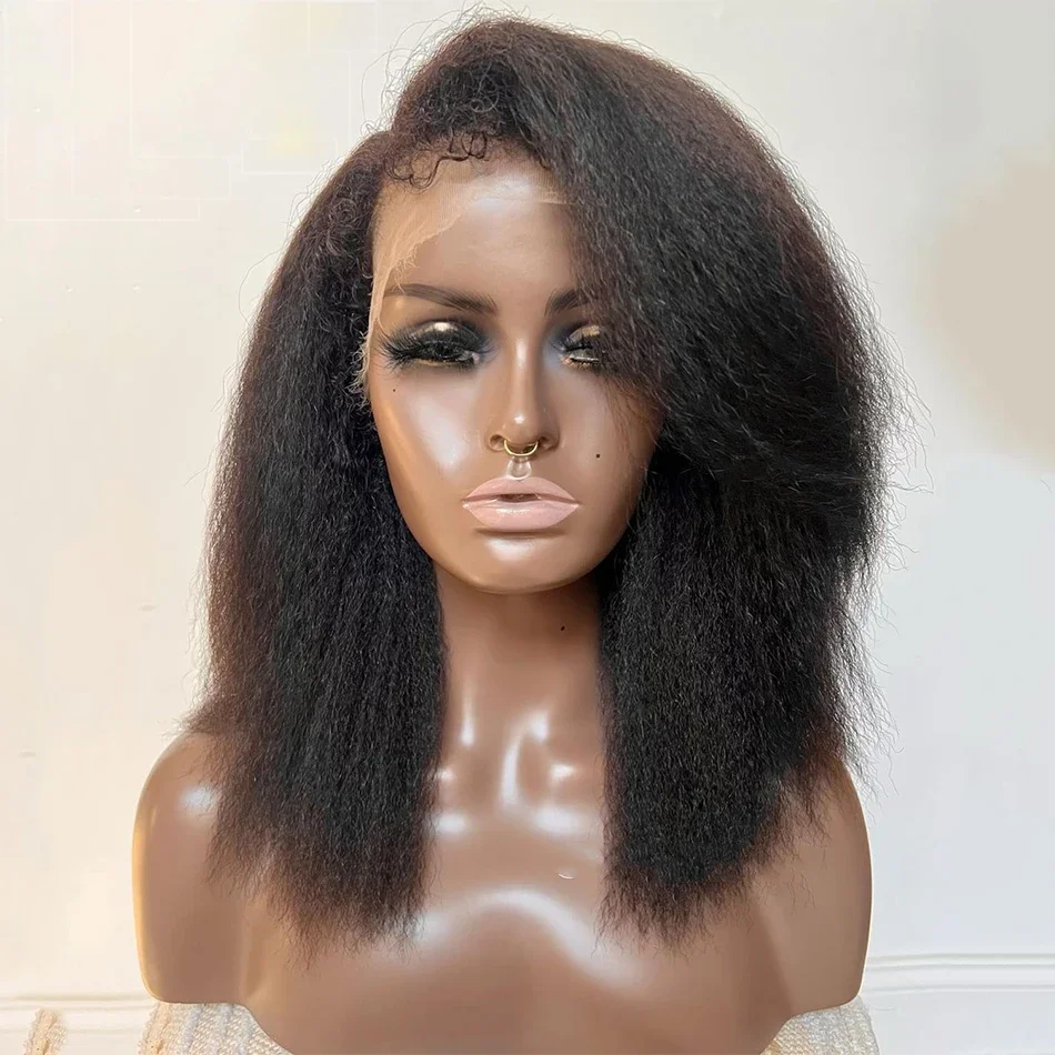 

180Density Preplucked Glueless Short Bob Yaki Kinky Straight Natural Black Lace Front Wig For Women BabyHair Heat Resistant