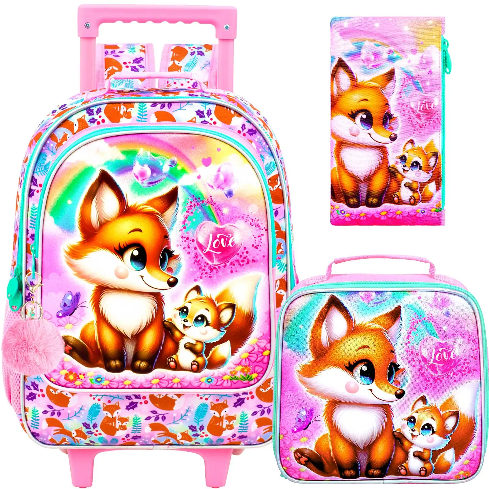 

3PCS Rolling Backpack for Girls, Kids Roller Wheels Bookbag, Wheeled School Bag with Lunch Bag - Parent-child fox