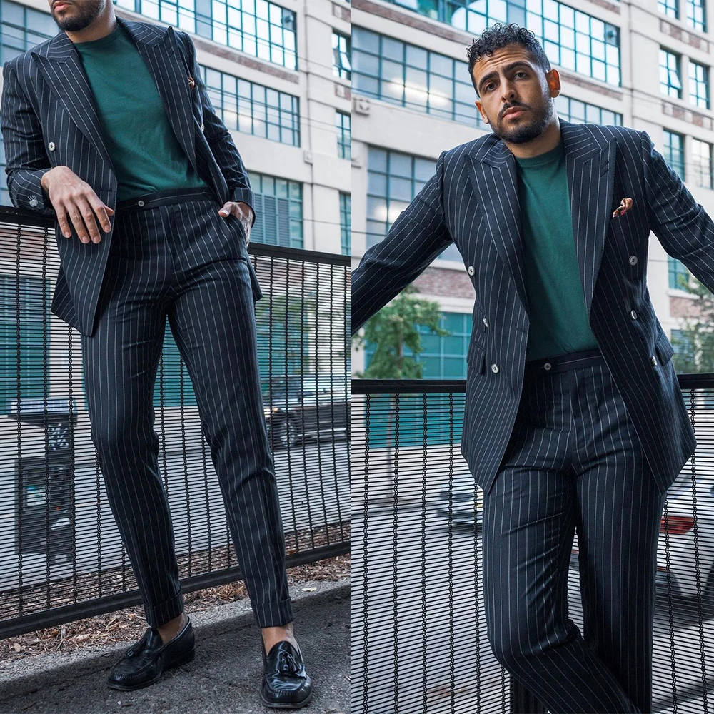 

Black Pinstripe Newest Handsome Men Suits 2 Pieces Blazer Pants Single Breasted Vintage Tailored Fit For Best Men Casual Modern