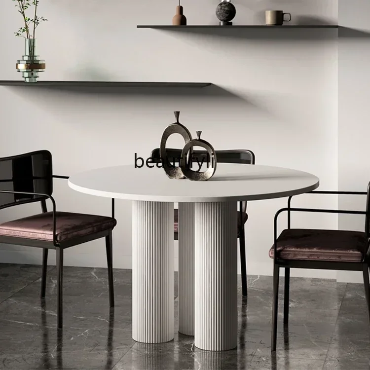 60.Cream wind round dining table French rock slab small apartment modern simple negotiation table household white