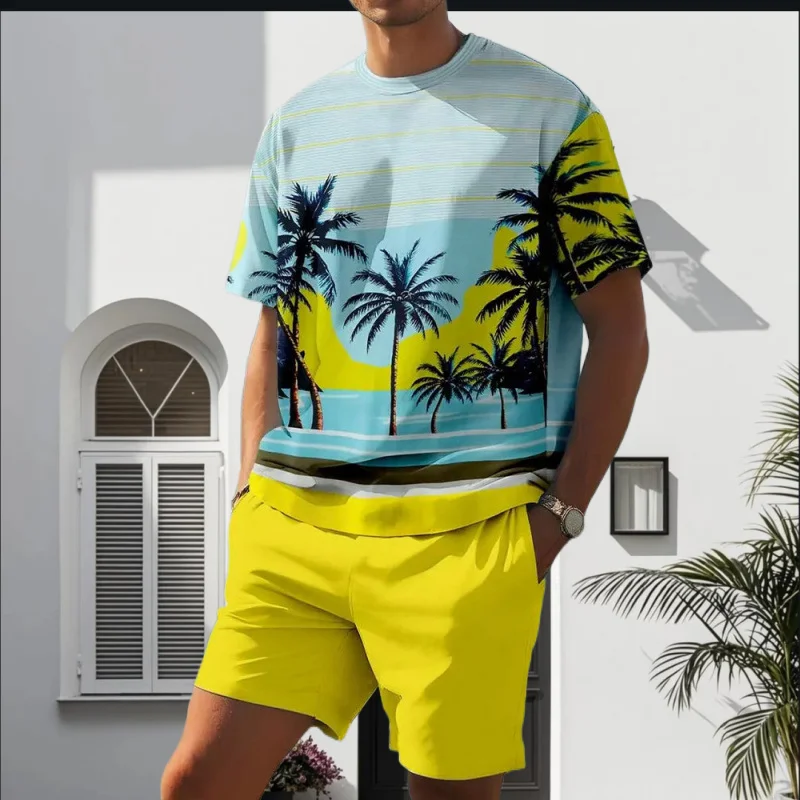 

25/26 New Summer Set Men's T-shirt Trendy American Street Printed Round Neck Men's Set Trendy Handsome Sports Two Piece Set